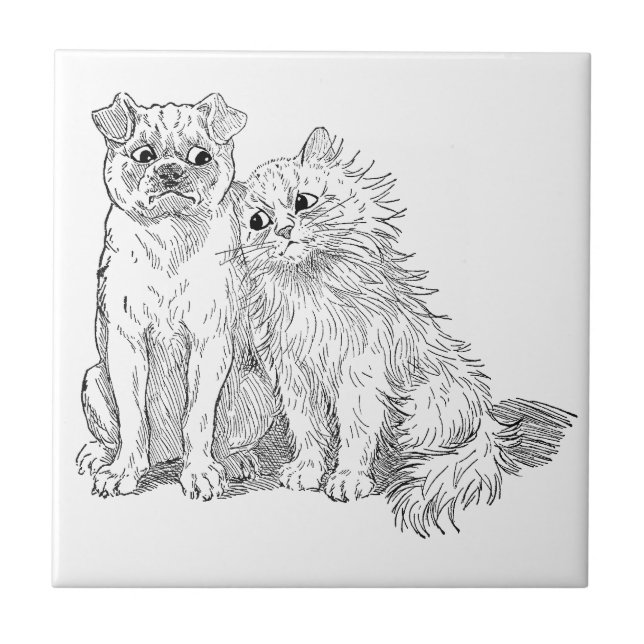 Cat Cuddles Up to Dog Ceramic Tile (Front)