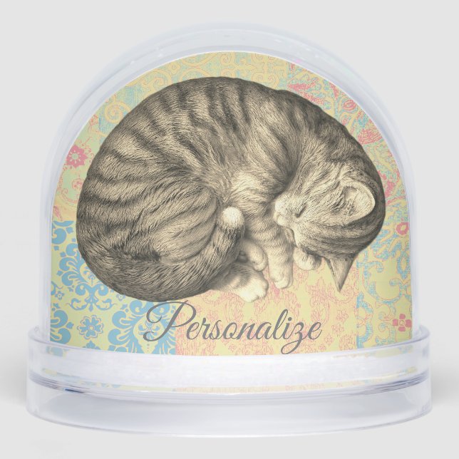 Cat curled up sleeping on quilt cute cozy snow globe (Front)