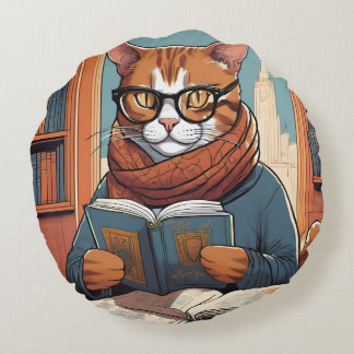 Cat cushion. Cute Cat reading a book. Round Pillow