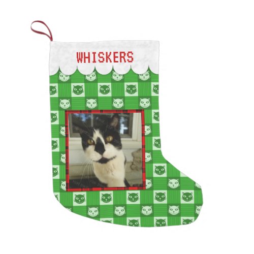 Cat Custom Add Photo Name Green Kitty Gingham Cute Small Christmas Stocking