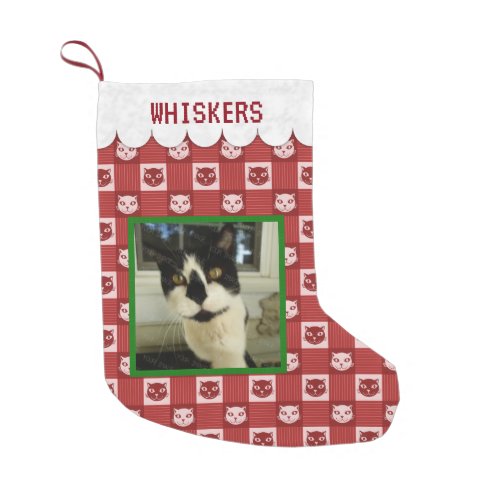 Cat Custom Add Photo Name  Red Kitty Gingham Cute Small Christmas Stocking