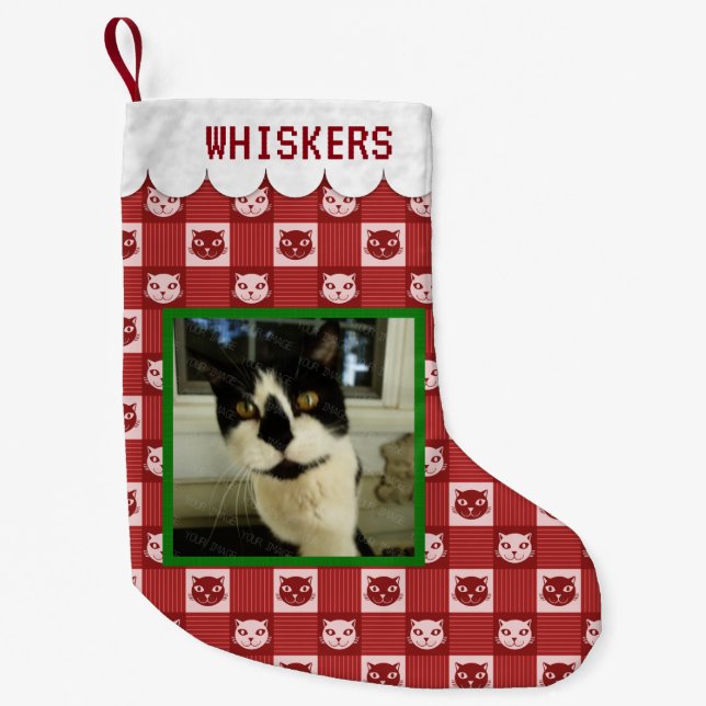 Cat Custom Add Photo Name | Red Kitty Gingham Cute Small Christmas Stocking (Front)
