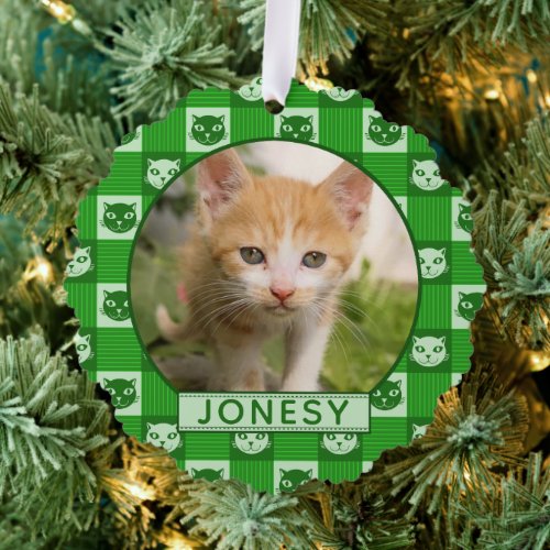 Cat Custom Photo and Name Green Paw Print Gingham Ornament Card