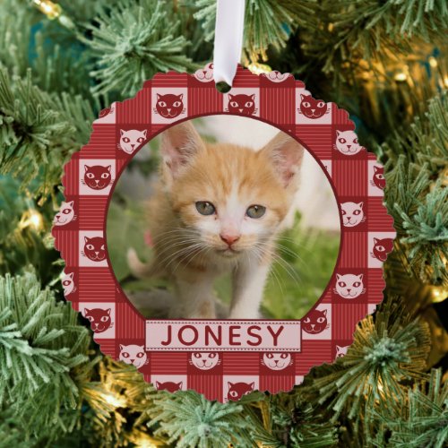 Cat Custom Photo and Name Red Paw Print Gingham Ornament Card
