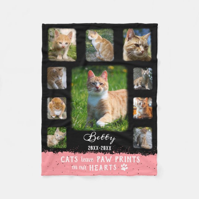 Cat Custom Photo Collage Faded Borders Black Pink Fleece Blanket (Front)