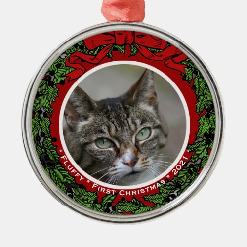 Cat Custom photo First Christmas wreath  Metal Ornament
