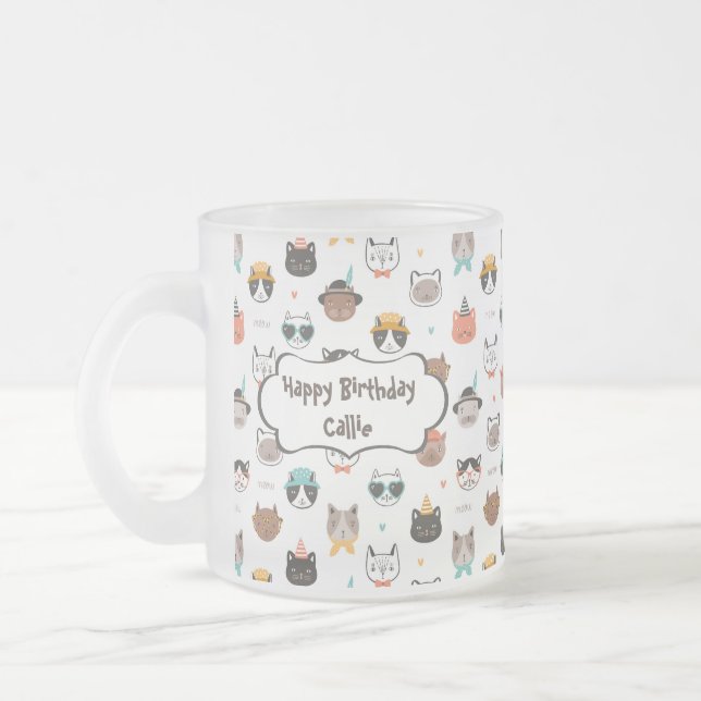 Cat Customizable Birthday Text on Frosted Mug  (Left)