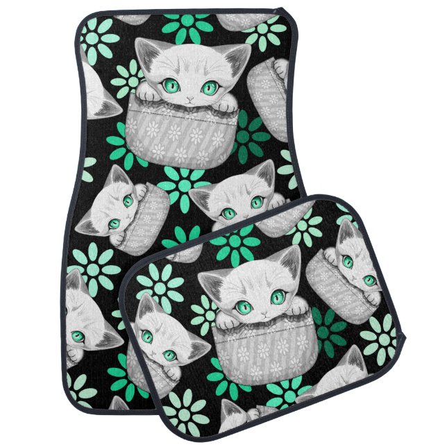 Cat Cute and Playful peaking from a Pocket Car Floor Mat (Set)