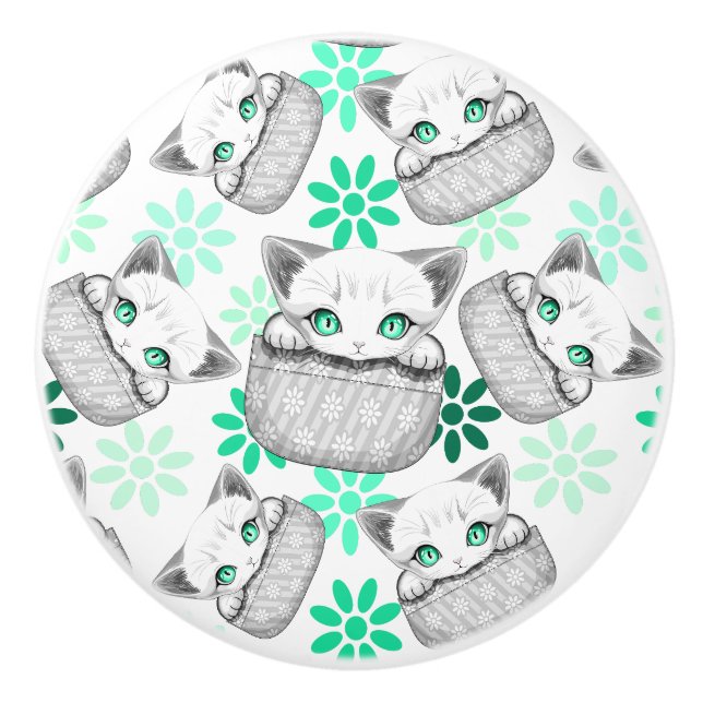 Cat Cute and Playful peaking from a Pocket Ceramic Knob (Front)