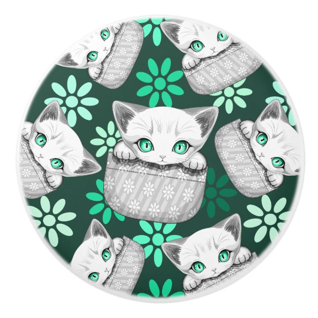 Cat Cute and Playful peaking from a Pocket Ceramic Knob (Front)