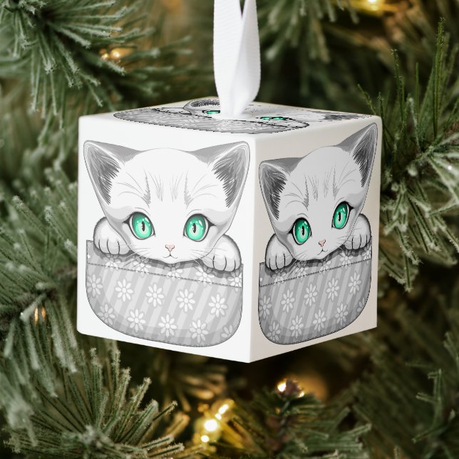 Cat Cute and Playful peaking from a Pocket Cube Ornament (Tree)