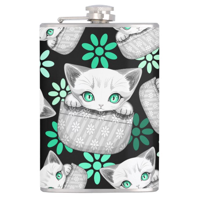 Cat Cute and Playful peaking from a Pocket Flask (Front)