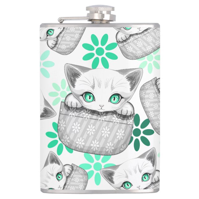 Cat Cute and Playful peaking from a Pocket Flask (Front)