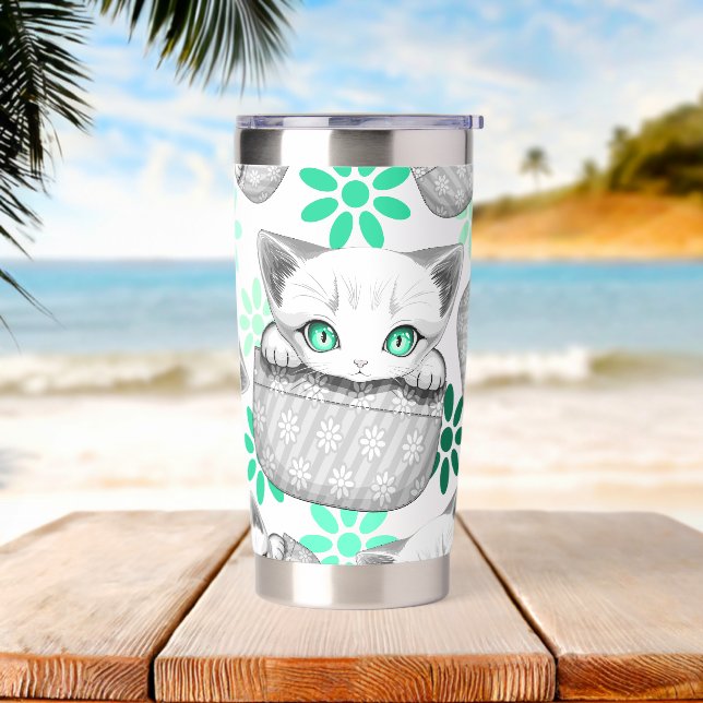 Cat Cute and Playful peaking from a Pocket Insulated Tumbler (Beach)