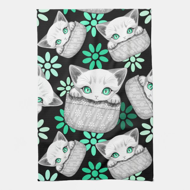 Cat Cute and Playful peaking from a Pocket Kitchen Towel (Vertical)