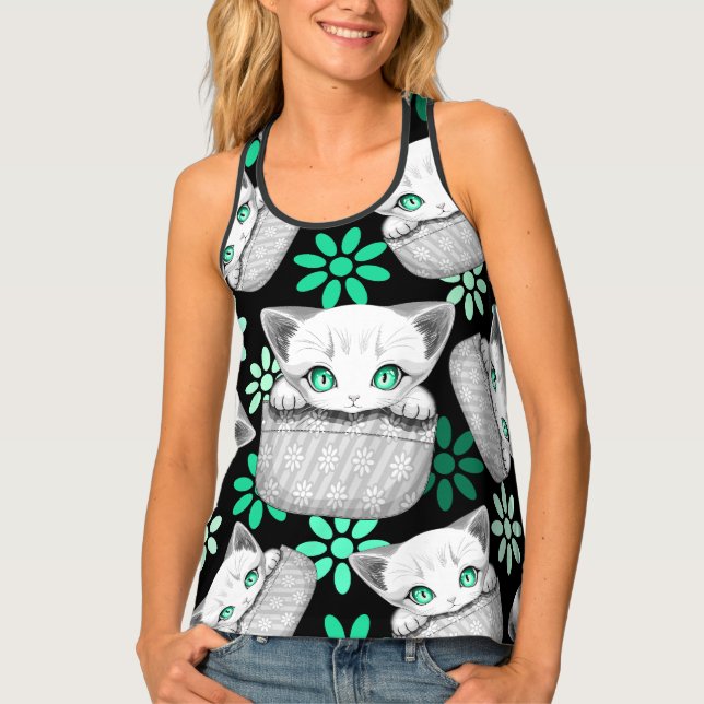 Cat Cute and Playful peaking from a Pocket Tank Top (Front)