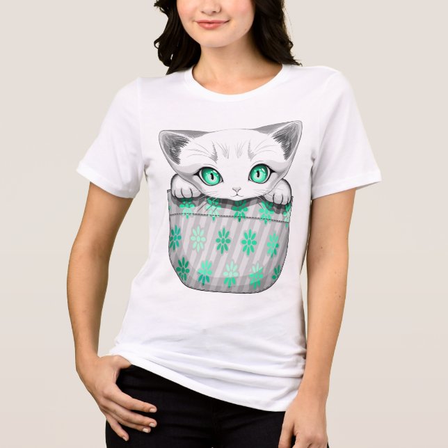 Cat Cute and Playful peaking from a Pocket Tri-Blend Shirt (Front)