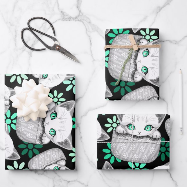 Cat Cute and Playful peaking from a Pocket Wrapping Paper Sheets (Front)