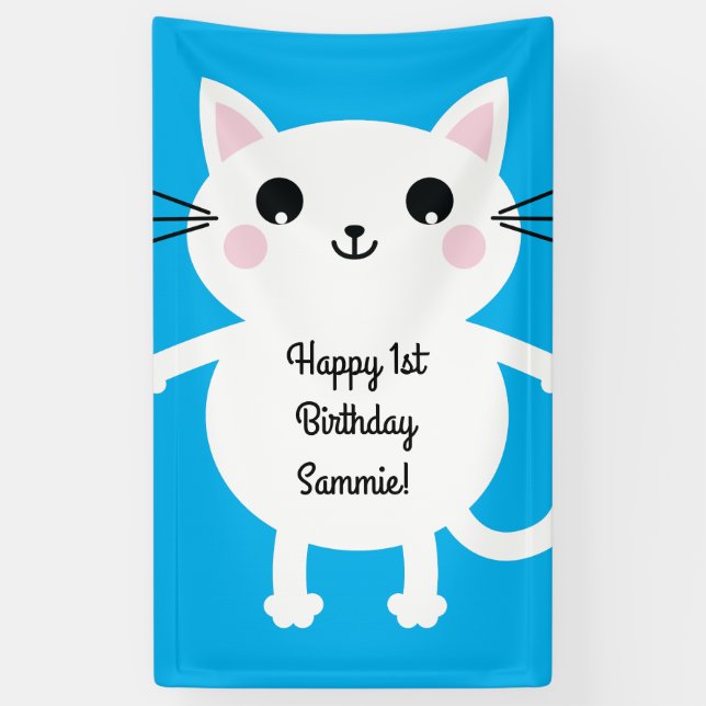 Cat Cute Kitty Colorful 1st Birthday Party Theme Banner (Vertical)