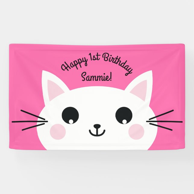 Cat Cute Kitty Colorful 1st Birthday Party Theme Banner (Horizontal)