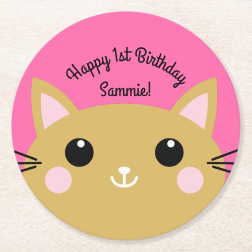 Cat Cute Kitty Kids Birthday Party Theme Round Paper Coaster