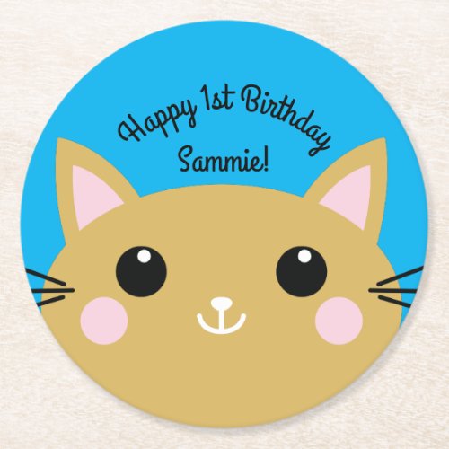 Cat Cute Kitty Kids Birthday Party Theme Round Paper Coaster