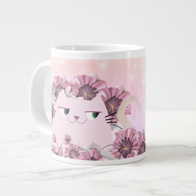 Cat Cute Pink Flowers Giant Coffee Mug (Front Left)