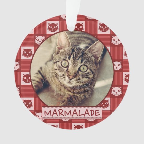 Cat Cute Red Kitty Gingham  Add Custom Photo Name Ornament