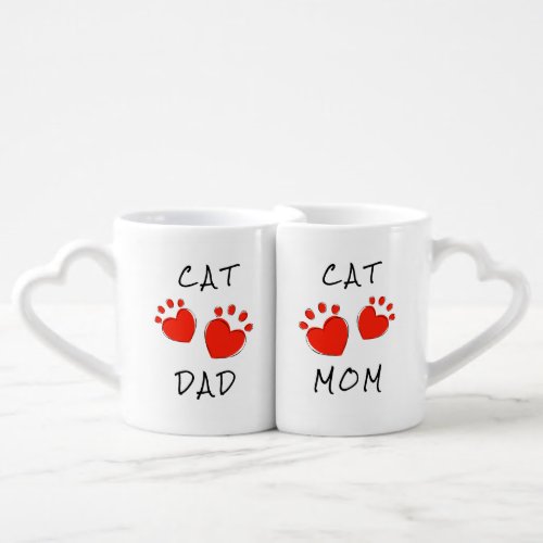 Cat Dad Cat Mom Red Heart Paw Coffee Mug Set