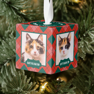 Cat Dad Custom Name 4 Photos Buffalo Plaid Holiday Cube Ornament