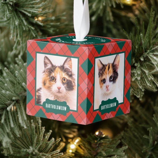 Cat Dad Custom Name 4 Photos Buffalo Plaid Holiday Cube Ornament (Tree)