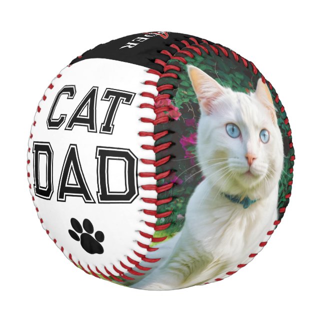 Cat Dad Father's Day Pet Photos Monogrammed Baseball (Angled)