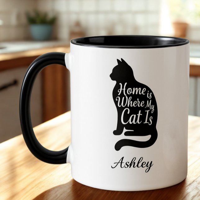 Cat Dad Home Is Where My Cat Is Silhouette Mug (Home is where my cat is silhouette mug — cozy birthday gift idea for feline pet parents.)