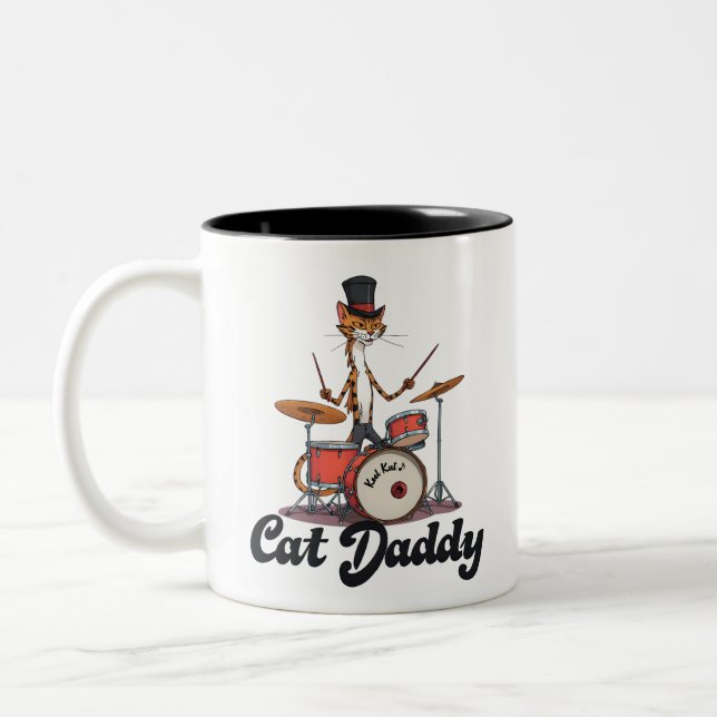 Cat Daddy Musician Drummer | Tabby Cats Art Lover Two-Tone Coffee Mug (Left)