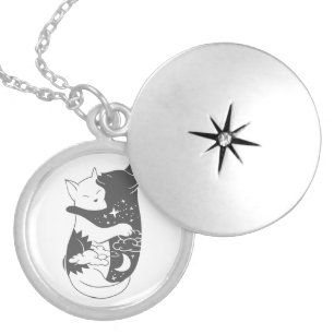 Cat day cat night illustration - Choose background Locket Necklace