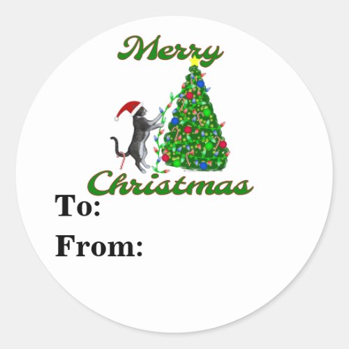 Cat Decorating Christmas Tree Classic Round Sticker