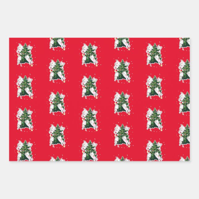 Cat Decorating Christmas Tree Wrapping Paper Sheets (Front)