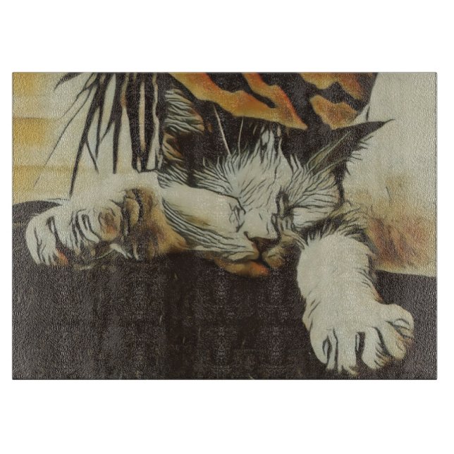 Cat Decorative Glass Chopping Board 15" x 11" (Front)