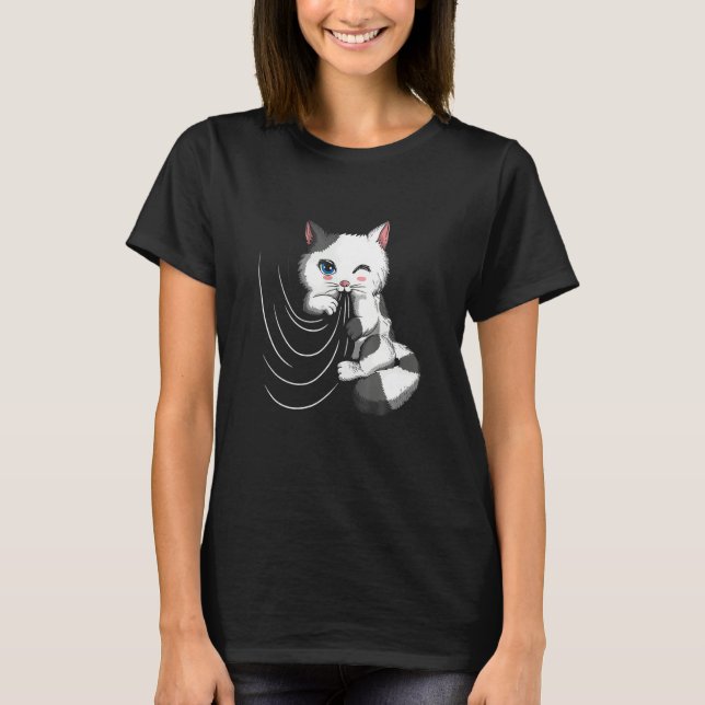 Cat Design Cat Cuddles With Duvet Plays With Curta T-Shirt (Front)