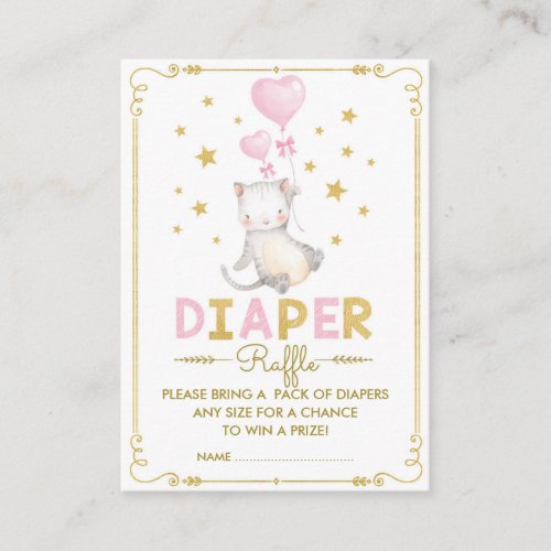 Cat Diaper Raffle Girl Kitten Pink Gold Star Baby Enclosure Card