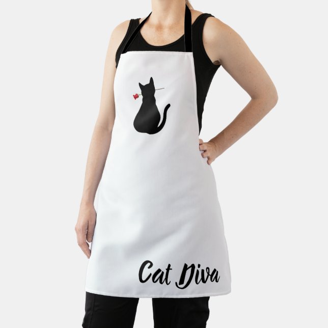 Cat Diva Black Silhouette Red Rose Pet Fun Apron (Insitu)
