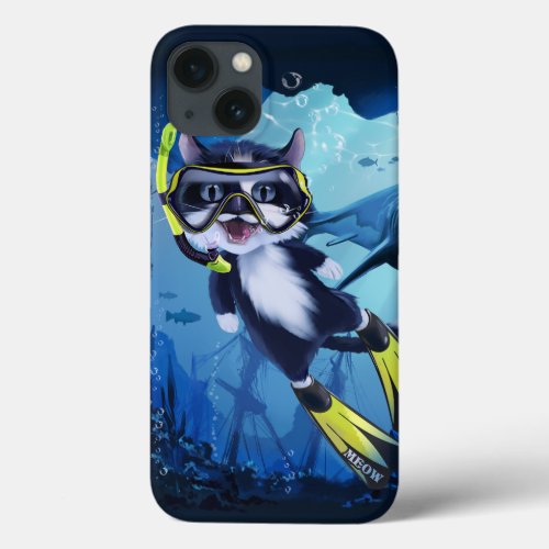 Cat diver and shark that smiles iPhone 13 case