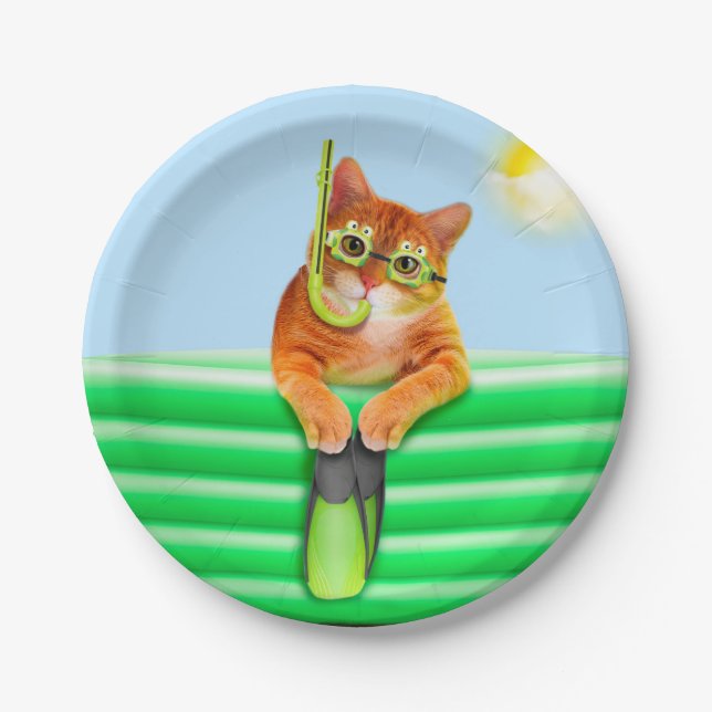 Cat diver with mask and snorkel paper plates (Front)