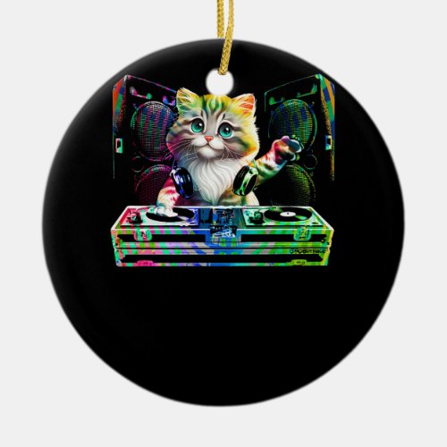 Cat DJ Colorful Producer DeeJay Disc Jockey Music  Ceramic Ornament