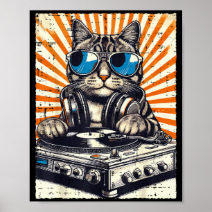 Cat Dj Headphone Turntable Vintage Music Edm Men W Poster
