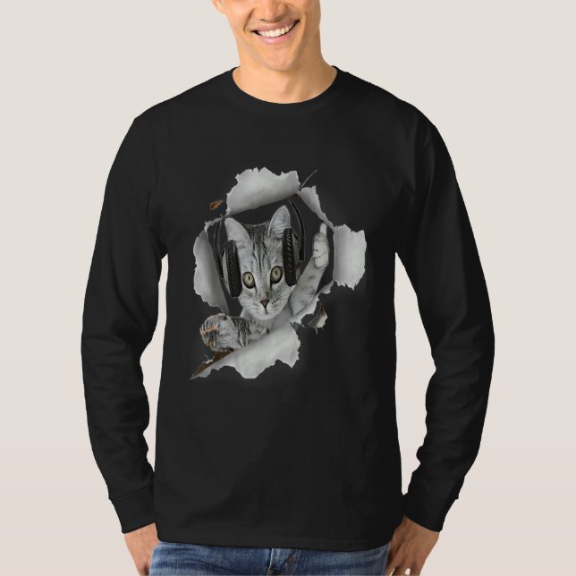 Cat Dj Torn Cloth T-Shirt (Front)