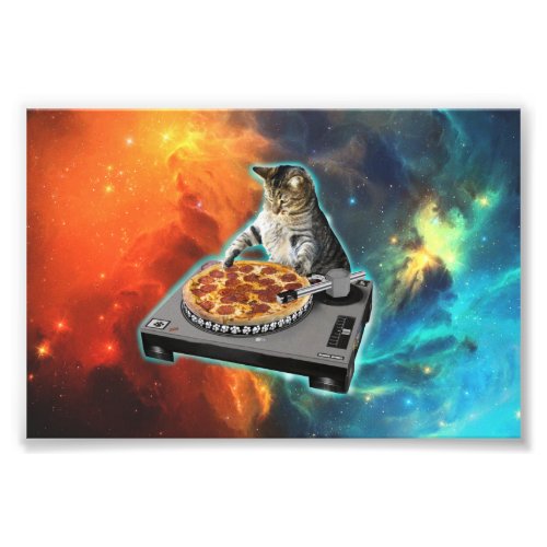 Cat dj with disc jockeys sound table photo print