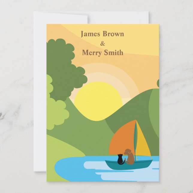 Cat Dog Boat Lake Sun Warm Love Wedding Invitation (Front)