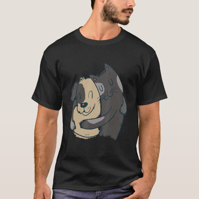 cat dog hug pet   store motif graphic design rando T-Shirt (Front)