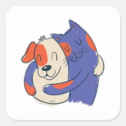 CAT DOG HUGGING SQUARE STICKER